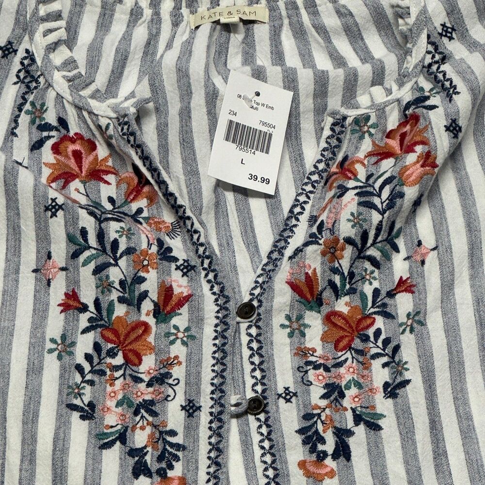 Kate & Sam Striped Floral Embroidered Boho Blouse Button Down NWT Size L
